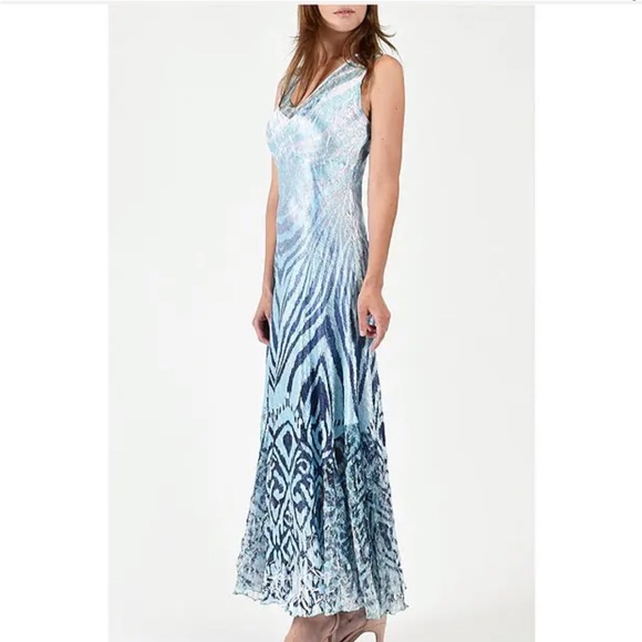 Komarov Charmeuse V-Neck Lace Up Back Crinkle Stretch Blue Floral Maxi Dress M - Picture 14 of 16